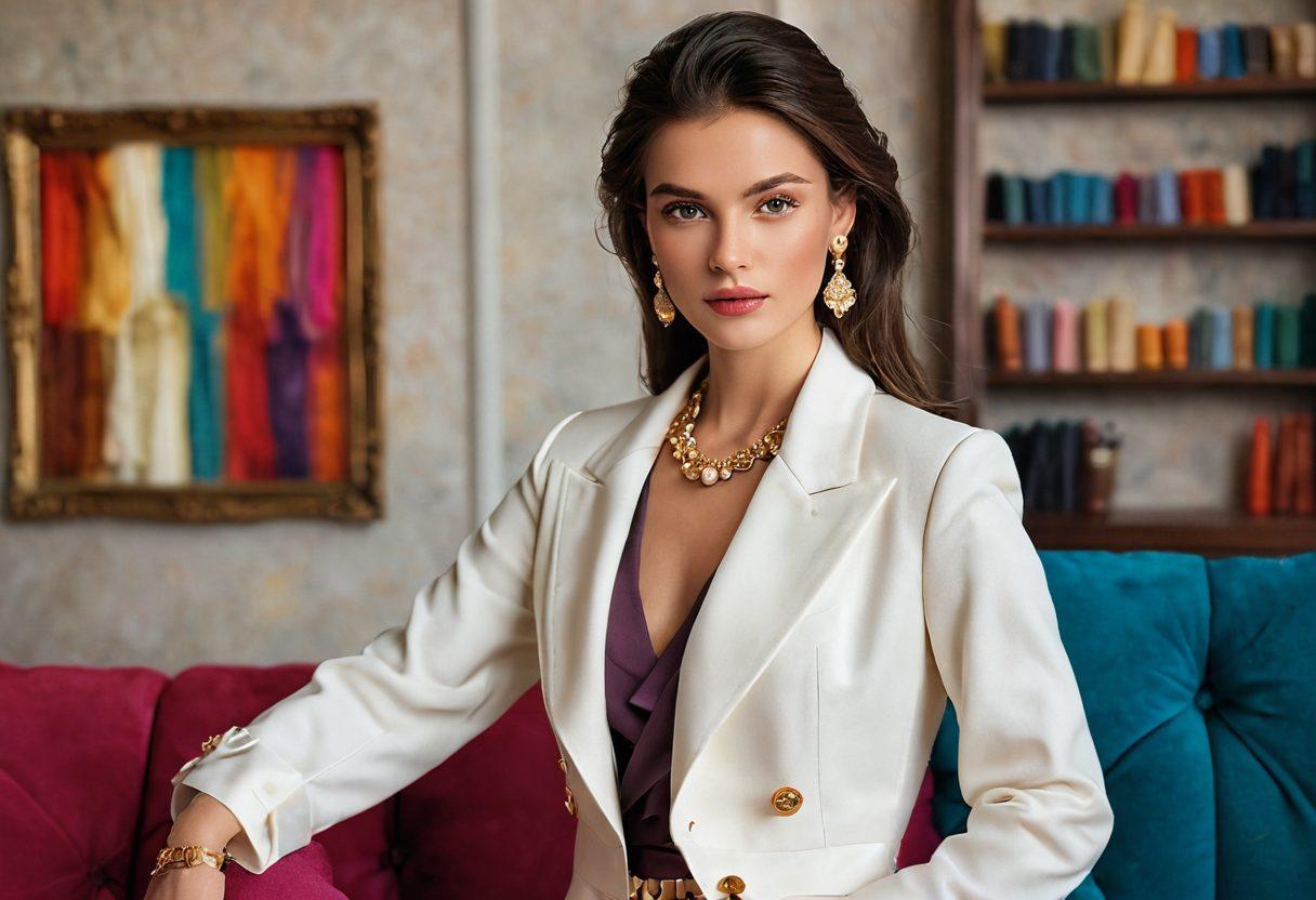 A stylish model showcasing an elegant layered outfit featuring luxurious clothing and exquisite fashion accessories from Victoria's Collection. The background is a chic boutique filled with upscale garments and vibrant accessories, conveying a sense of sophistication. Soft, natural lighting highlights the textures of the fabrics and the interplay of colors. Include a touch of artistic flair with a subtle, artistic brushstroke effect. super-realistic. vibrant colors. chic boutique background.