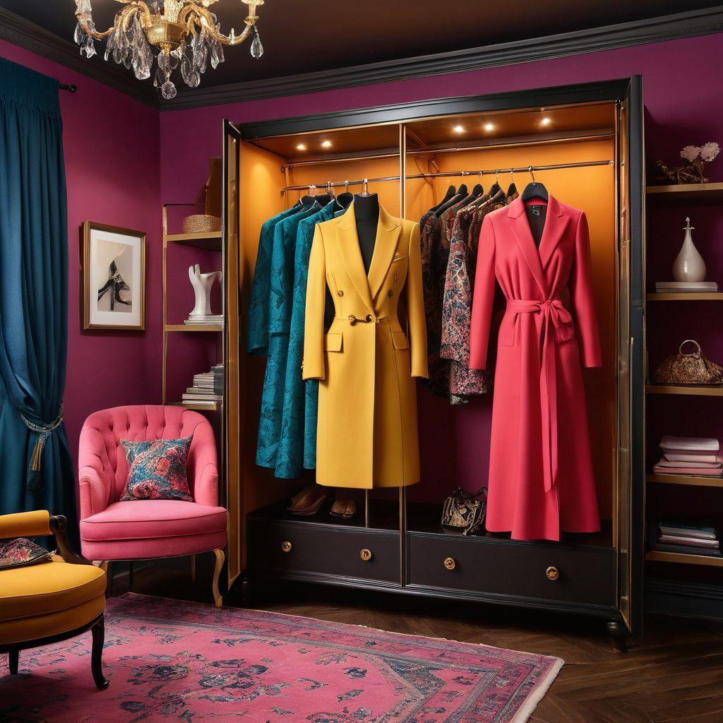 A stylish wardrobe filled with luxurious clothing, showcasing chic couture designs with elegant fabrics and vibrant colors. A backdrop of a high-end boutique setting, complete with sophisticated fashion accessories scattered around. Incorporate a mannequin wearing a stunning, trendy outfit, with soft lighting that creates a warm, inviting atmosphere. Add hints of upscale fashion trends like bold patterns and statement pieces. super-realistic. vibrant colors. elegant aesthetic.