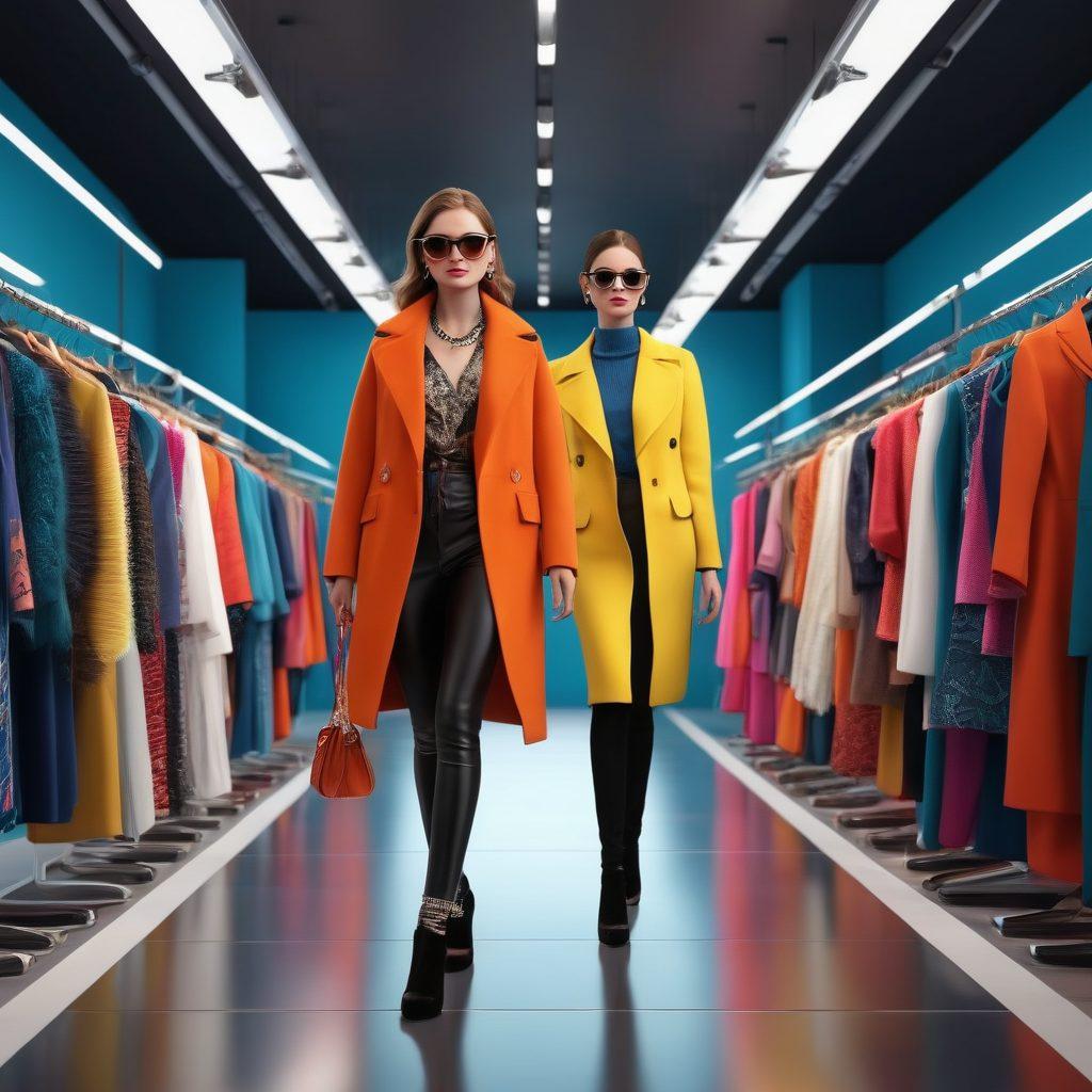 A stylish fashionista confidently strutting down a runway, surrounded by high-end clothing racks reflecting the latest trends. Incorporate vibrant colors from the clothing and accessories, with a luxurious retail environment in the background. Capture the essence of fashion evolution from catwalk to store. super-realistic. vibrant colors. 3D.